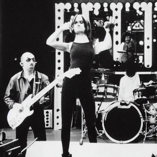 Image similar to 1970s photograph of English industrial band Throbbing gristle performing on The Tonight Show Starring Jimmy Fallon-W 910