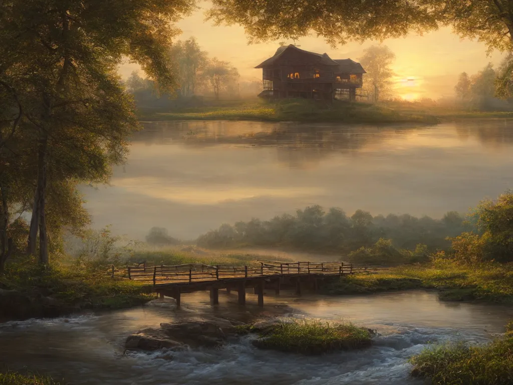 Prompt: a oil painting of a serene landscape with a singular wooden house, a bridge over river, at sunrise, concept art, octane render, unreal engine 5, trending on deviantart, highly detailed, high quality, oil painting, digital painting, masterpiece, hyperrealistic, breathtaking landscape, soft lighting, godrays, complementary colors, natural lighting