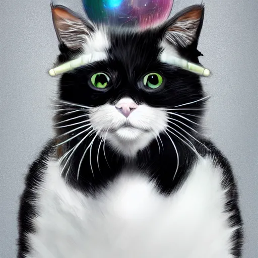 Prompt: queen tuxedo cat, digital art, hyperdetailed, 4k, featured on artstation