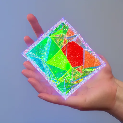 Image similar to a person holding a colorful object in their hand, a hologram by jeka kemp, polycount, crystal cubism, made of crystals, irridescent, holographic