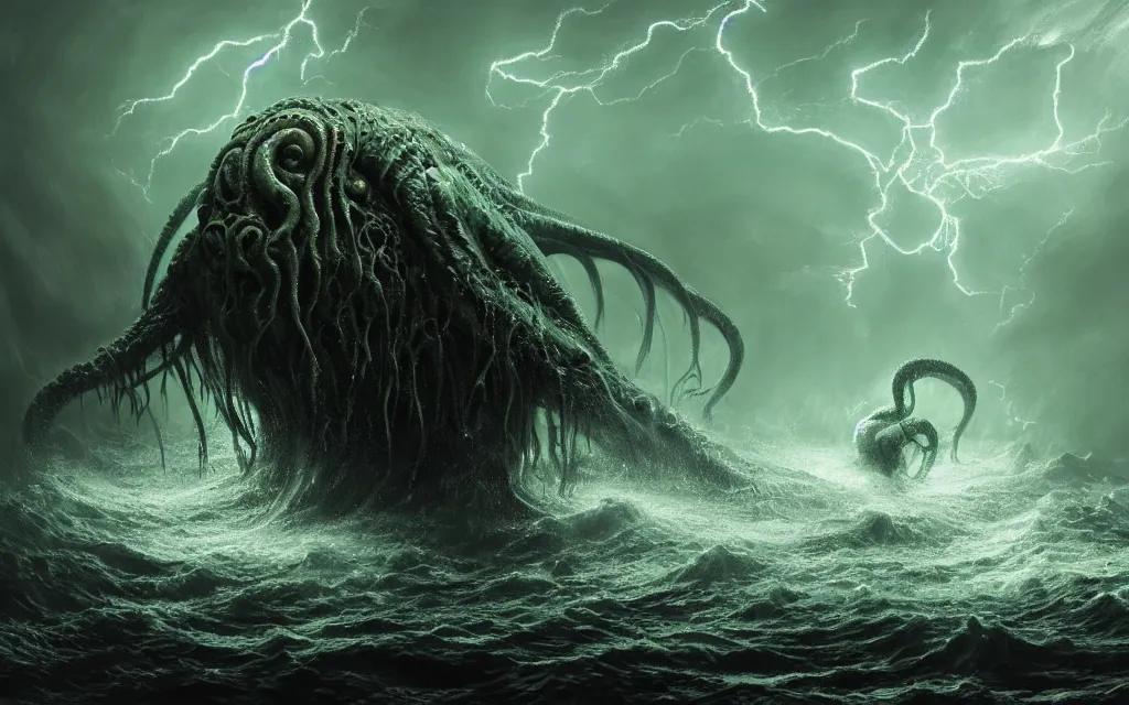 Prompt: concept art of a slimy cthulhu emerging from the ocean, centered composition, thalassophobia, multiple illuminated lightning!!!, thunder!!!, lightning, sharp focus, ultra detailed, hyperrealism, volumetric, amazing depth, by jeremy mann, hr giger, unreal engine highly rendered, ominous, unsettling, misty, cinematic lighting, 8 k