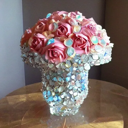 Prompt: rose arrangement made of mother of pearl, opal petals, architectural digest!!!