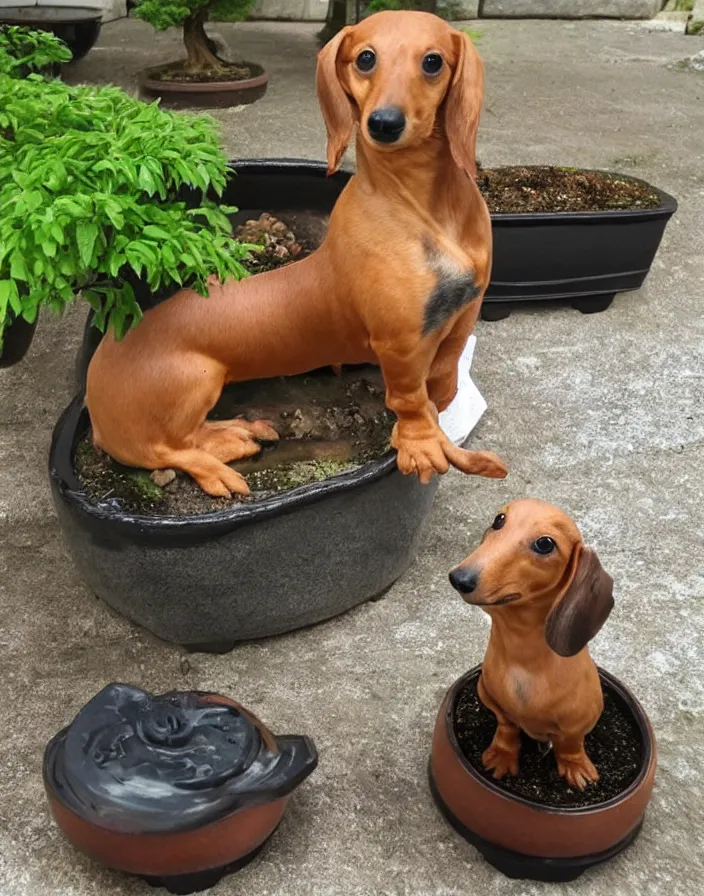 Image similar to Bonsai dachshund growing from a bonsai pot