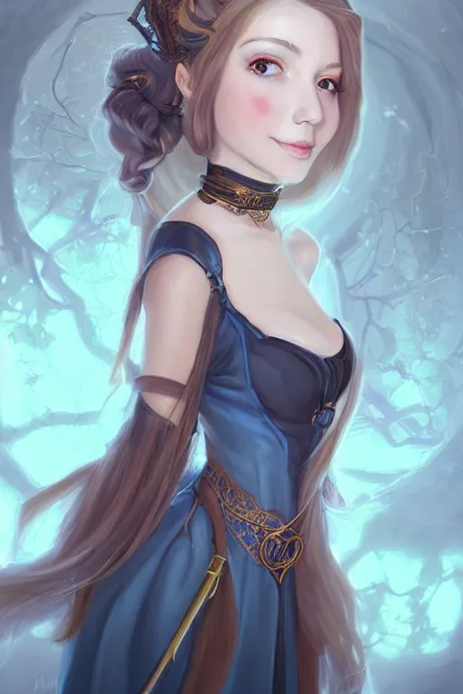 Image similar to portrait of a gorgeous young female artificer, looking at camera, D&D, choker on neck, stylish dress, mouth slightly open, cute slightly nerdy smile, very long flowing hair, intricate, elegant, stylish, fantasy, extremely detailed, digital painting, artstation, concept art, smooth, sharp focus, illustration, stunning lighting, art by artgerm and greg rutkowski and alphonse mucha and simon stalenhag