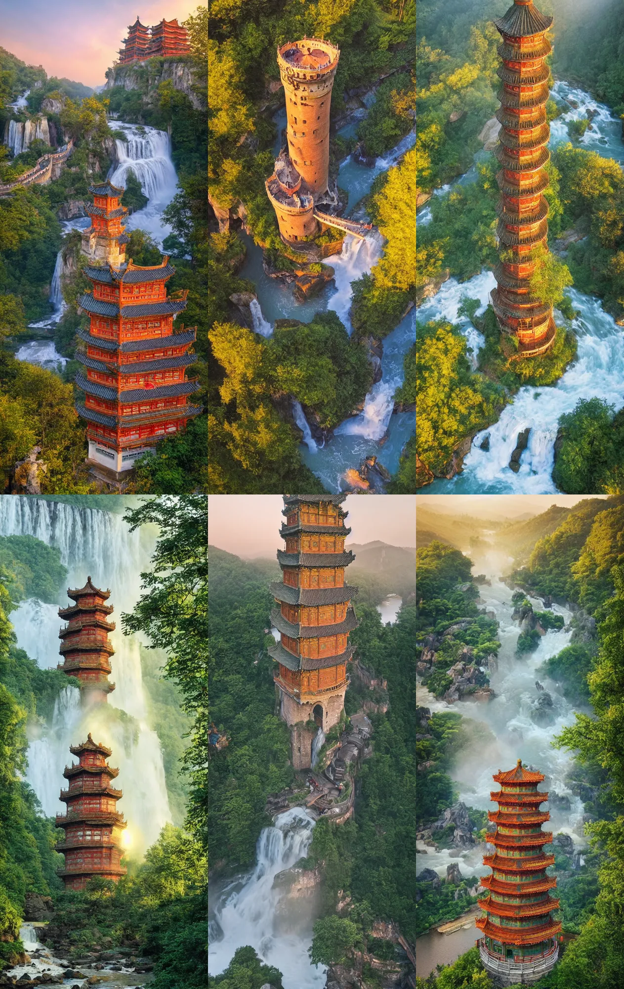 Prompt: kodak portra 4 0 0 photo of detailed ancien chines tower, with waterfalls and river, golden hour, wide angle, 3 5 mm, sharp focus, soft light, volumetric light, trending on pinterest, in the style of gregory crewdson and thomas kinkade, masterpiece