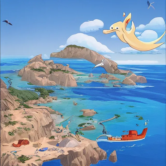 Image similar to a remote island research station in the middle of the ocean, rhads!!!, magical realism, archipelago, urban fantasy, saturday morning cartoon, clean linework, ( alexander archipenko ), ( tex avery ), western animation