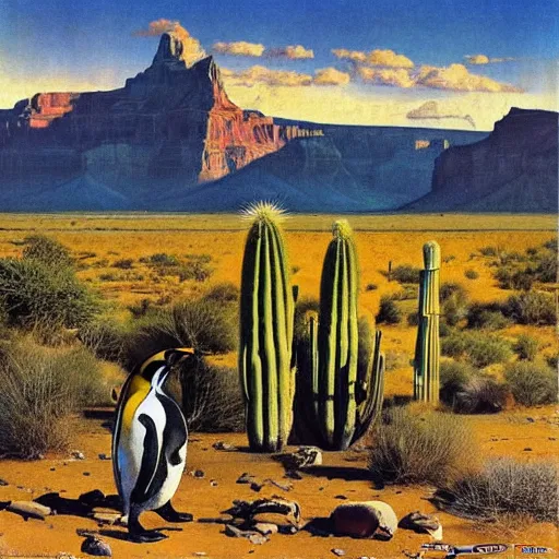 Image similar to “king penguins in the desert, Grand Canyon, New Mexico, saguaro cactuses, Norman Rockwell, mark maggiori, Salvador Dali”