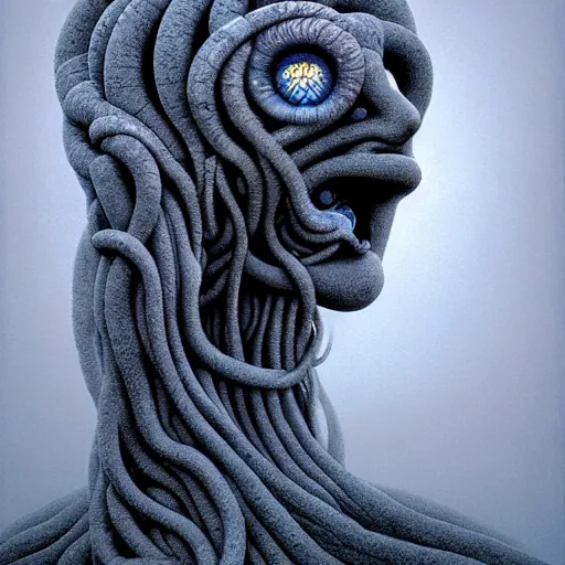 Image similar to depressive medusa, beautiful face, crying blue gigantic tears, tubular creature, blood vessels, no face, dystopian surrealism, art style alex ries giger zdzisław beksinski, symmetry accurate features, stone marble, defined, sharp, very intricate details, high resolution, high quality