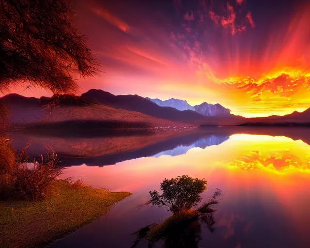 Prompt: a beautiful landscape photography of the garden of eden. lake reflections in the foreground, sunset, dramatic lighting by Marc Adamus