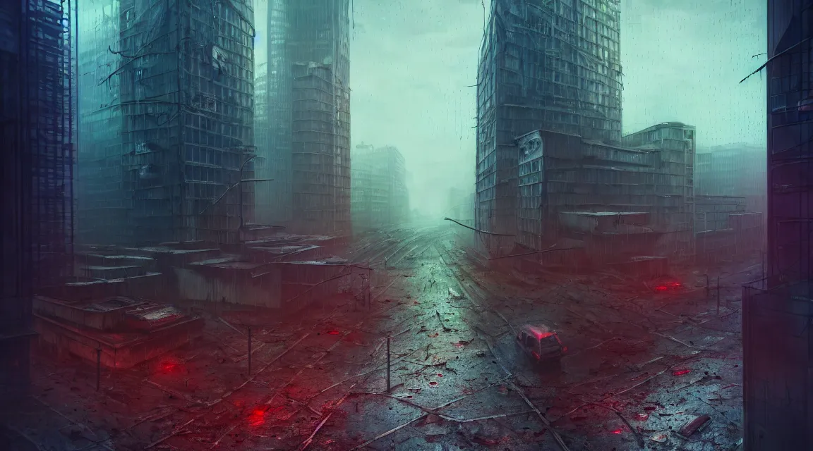 Prompt: post apocalyptic city building, raining, building, avenue, modern contemporary urban americana concrete architecture, paved roads, by neil blevins trending on artstation, photorealistic, neon ambiance, ultra detailed, high definition, depth of field, bokeh, wild vegetation, blood stains, crumbling, post - apocalyptic warriors
