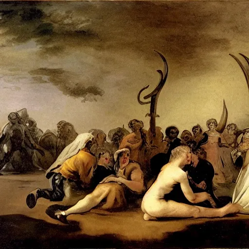 Prompt: A crowd of peasants and a pale woman sitting around a monster with horns, Francisco Goya style, full hd, dark