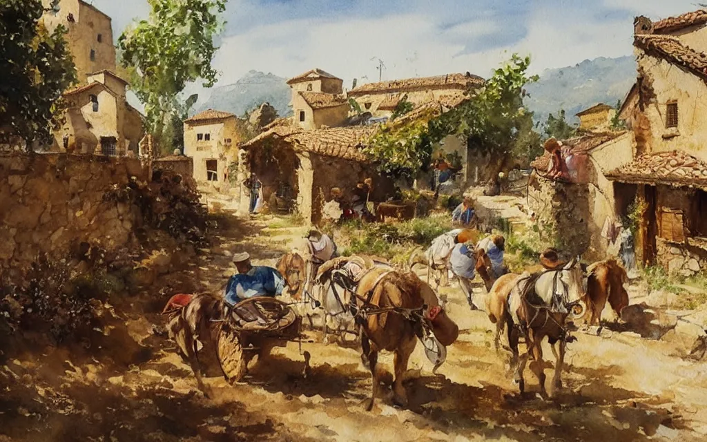 Image similar to beautiful watercolor painting by joseph zbukvic and alvaro castagnet, depicting a wine harvesting on a sunny day in a little italian village