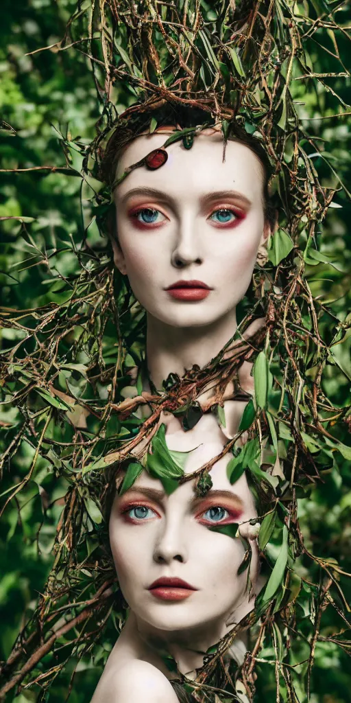 Prompt: A tilted 35° long shot anaglyph film still of a girl wearing solarpunk dress in porcelain and metal and lush branch featured in Vogue and GQ editorial fashion photography, beautiful eye, symmetry face, haute couture dressed by Givenchy and Salvatore Ferragamo, Canon EF 85mm f/1.4L IS USM