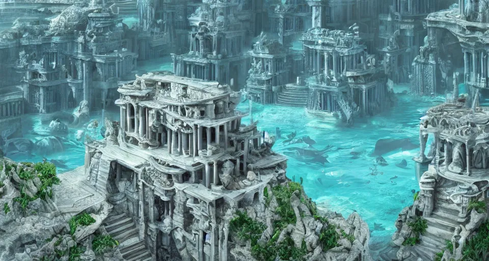 Prompt: the lost city of Atlantis, underwater, from afar, fully built buildings, white marble, hyper detailed, 4K