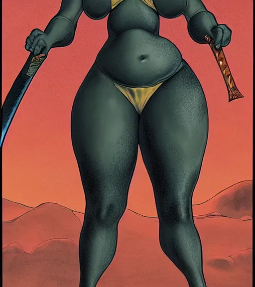 Image similar to 1 9 8 0 s fantasy novel book cover, bbw plus size amazonian zendaya in extremely tight bikini armor wielding a cartoonishly large sword, exaggerated body features, dark and smoky background, low quality print