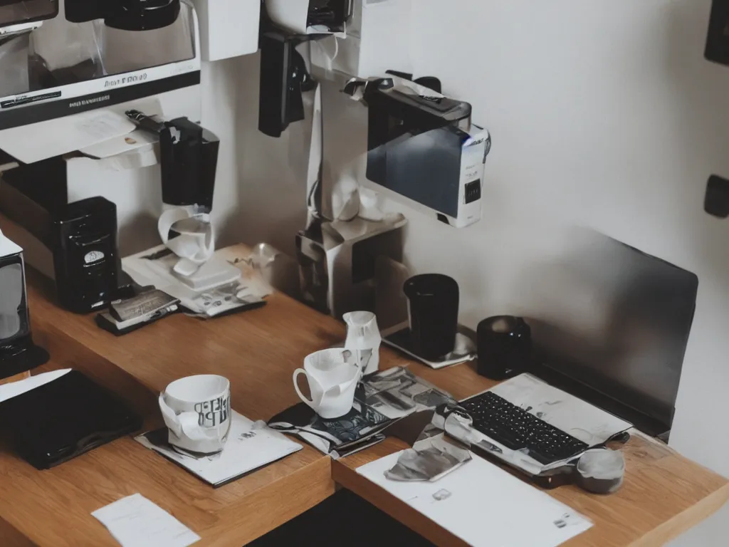 Prompt: coffee cups on 90s cubicle table, near computer