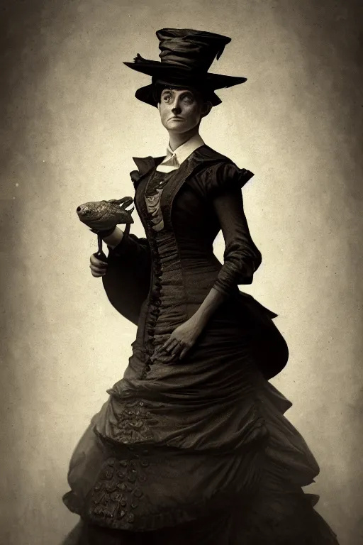 Image similar to wet plate photograph of an anthropomorphic turtle as a victorian - era woman in a dress, dramatic lighting, highly detailed, digital painting, artstation, concept art, smooth, sharp focus, illustration, art by wlop, mars ravelo and greg rutkowski