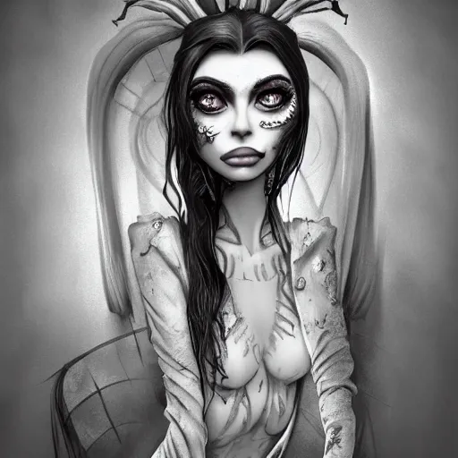 Image similar to michael karcz grunge drawing of kylie jenner. , in the style of corpse bride, loony toons style, horror themed, detailed, elegant, intricate, trending on artstation, 4k