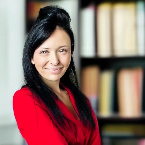 Prompt: a female lawyer in red, black hair in a bun