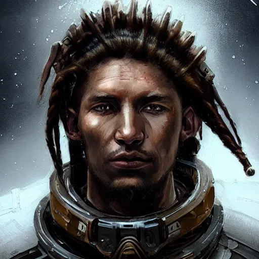 Image similar to Portrait of a man by Greg Rutkowski, a young, strong and hard-eyed futuristic warrior with brown hair with dreadlocks, wearing a futuristic space tactical gear that looks like a mix between the samurai, viking and templar aesthetics, mix between tribal and hi-tech, highly detailed portrait, scifi, space opera, digital painting, artstation, concept art, smooth, sharp foccus ilustration, Artstation HQ