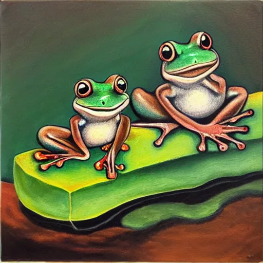 Prompt: Two frogs sitting next to each other on a log in a pond, oil painting