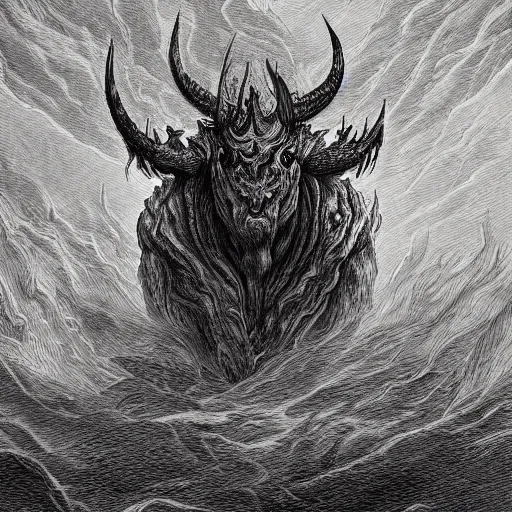 Prompt: full body of horned muscled humanoid beast, 3/4 view from below, engulfed in swirling flames, grayscale drawing by Gustave Dore and Anato Finnstark