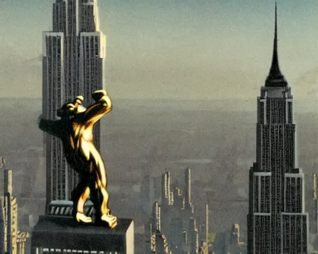 Prompt: art deco king kong climbing the empire state building with bi-planes flying around him. highly detailed. cinematic