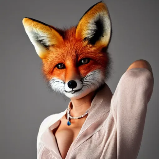 Prompt: anthropomorphic young female fox dressed in fashionable clothes. award winning photoshoot, extreme detail beautiful face
