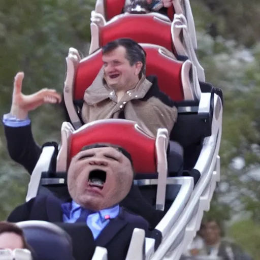 Image similar to Ted Cruz riding a roller coaster,photoreal