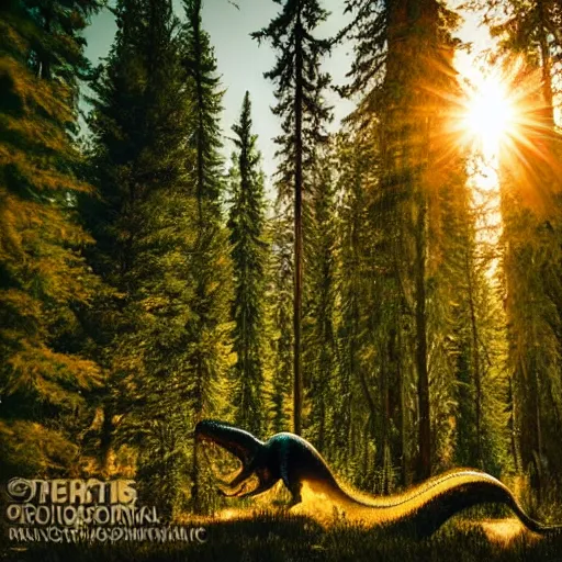 Image similar to a t - rex in the coniferous forest, background dolomites, cinematic, diffused light among the trees, artistic drawing