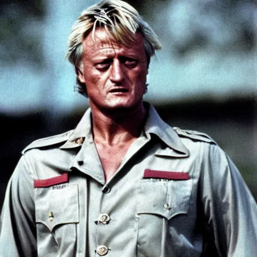 Prompt: rutger hauer in a military base, 1 9 8 7, movie still