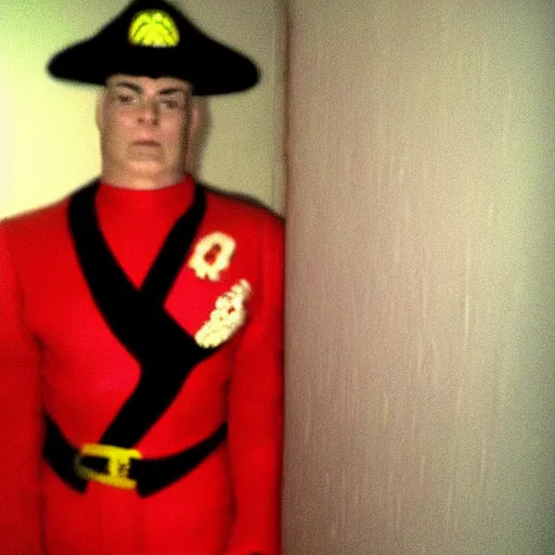 Image similar to grainy photo of m. bison as a creepy monster in a closet, harsh flash