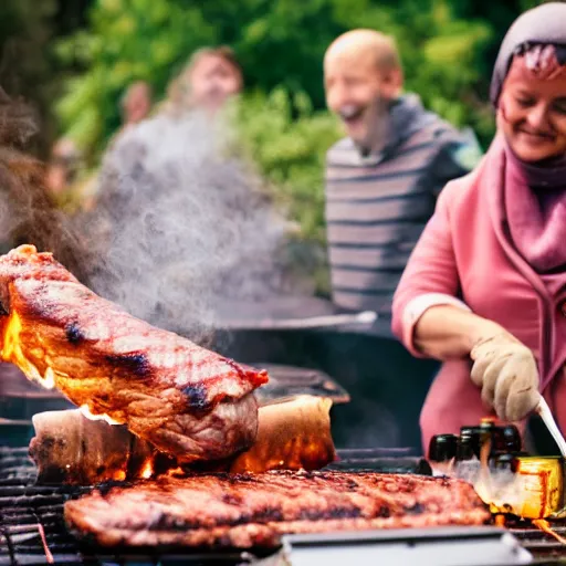 Image similar to a babushka grilling meat on a barbeque, people are dancing and having fun with beers in their hands