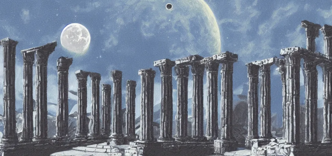 Image similar to The ruins of the Silver Millennium on the moon from Sailor Moon, digital painting, planet Earth in the distance, Greek-esque columns and ruins, black sky