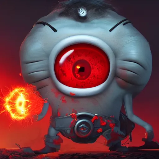 Prompt: an epic painting minion, red angry face in rage with nuclear explosion out of his head, he is going to blow, perfect composition, golden ratio, beautiful detailed, photorealistic, digital painting, concept art, smooth, sharp focus, illustration, artstation trending, octane render, unreal engine