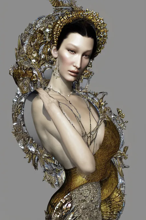 Image similar to a highly detailed portrait of a beautiful goddess bella hadid in iris van herpen dress in diamonds and fractals in style of alphonse mucha art nuvo gustav klimt trending on artstation made in unreal engine 4