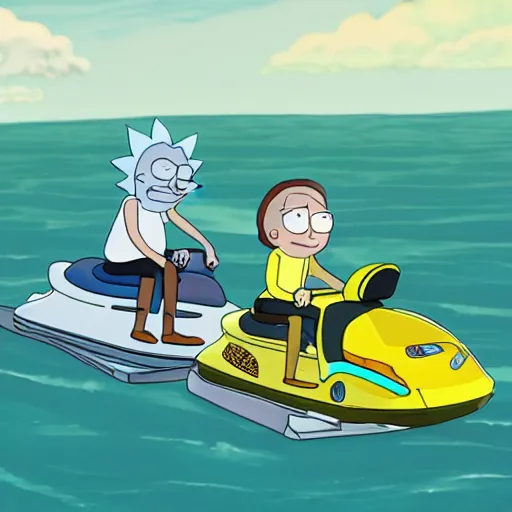 Image similar to rick and morty driving jetskis