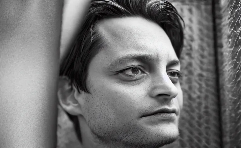Image similar to photographic portrait by Annie Leibovitz of Tobey Maguire in a hot tub, closeup, foggy, sepia, moody, dream-like, sigma 85mm f/1.4, 15mm, 35mm, 4k, high resolution, 4k, 8k, hd, full color