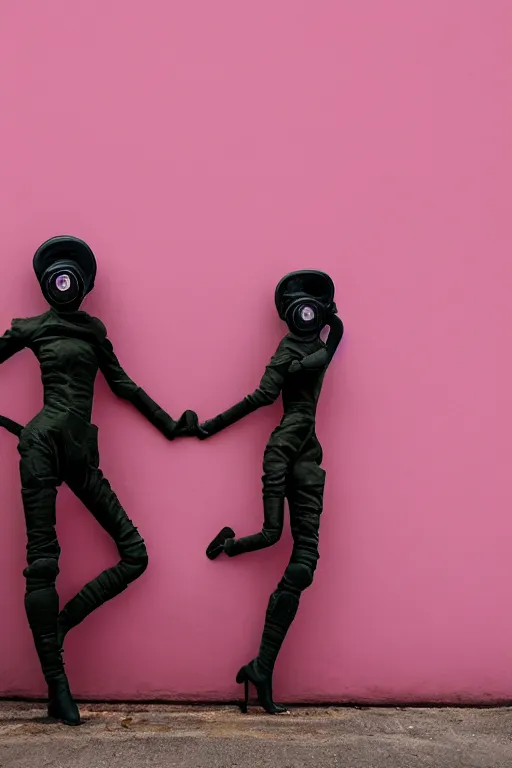 Image similar to a surreal portrait of intertwined and contorted figures wearing gas mask next to a pink wall in the style of brooke didonato, editorial fashion photography from vogue magazine, full shot, nikon d 8 1 0, ƒ / 2. 5, focal length : 8 5. 0 mm, exposure time : 1 / 8 0 0, iso : 2 0 0