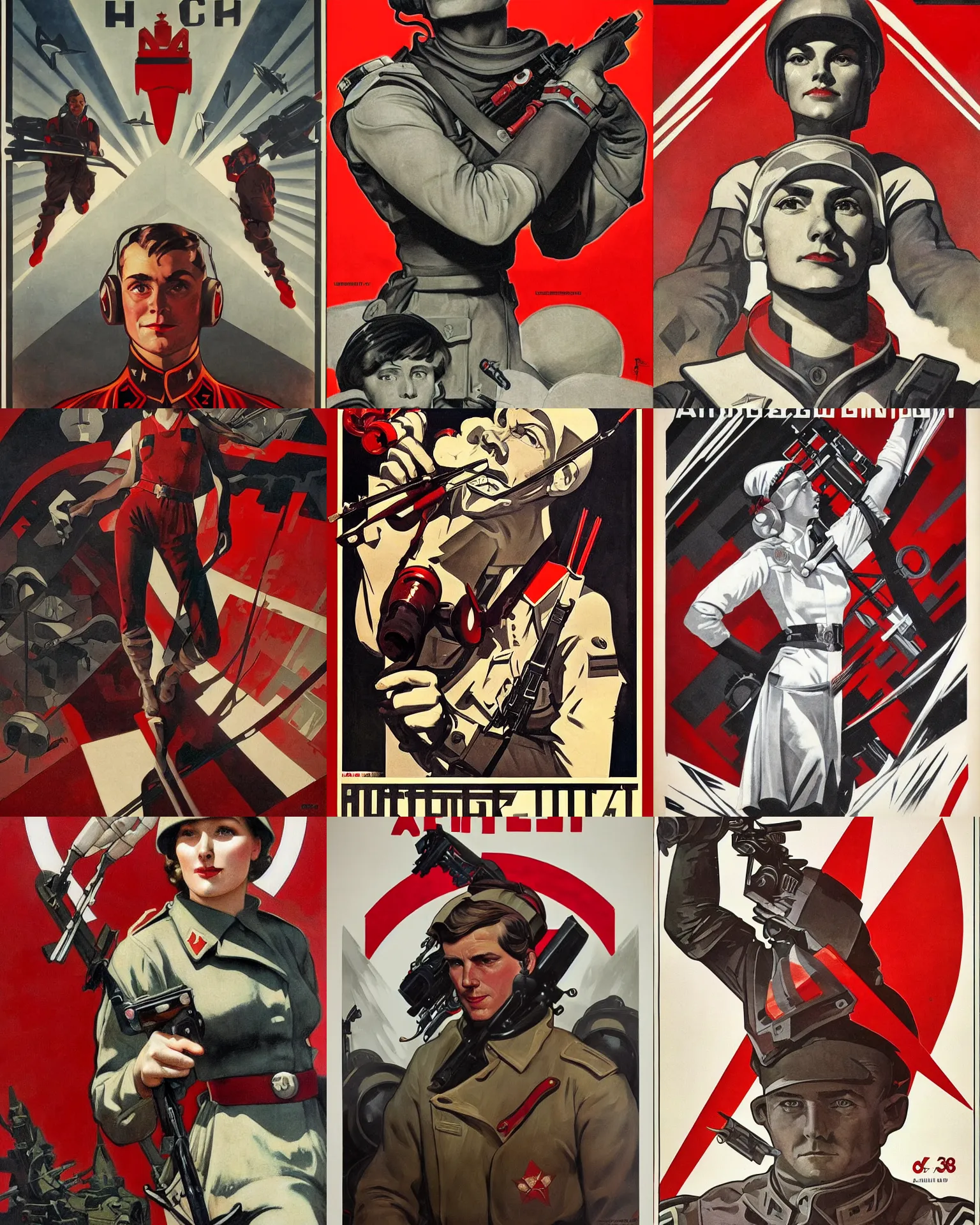 Prompt: 1 9 3 6 soviet propaganda poster soldier portrait depicting the victory against the aliens, high detail, artstation, angular, red black and white, by artgerm and greg rutkowski and alphonse mucha