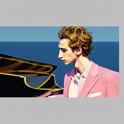 Prompt: :very detailed:masterpiece:digital:Timothee Chalamet:golden suit:featured in artstation+digitally painted by WLOP:yellow+blue+pink:⭐:beach+sunny day:playing grand piano-H 900