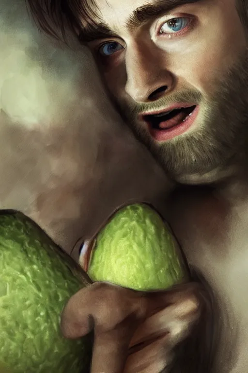 Image similar to daniel radcliffe is a avocado, artgem, digital painting, color painting, hyperrealistic, concept art, oil painting, masterpiece, concept art, trending on deviantart, realistic and detailed face, highly detailed, high quality, 8 k, soft lighting, fancy colors, fantasy, cinematic, high coherence