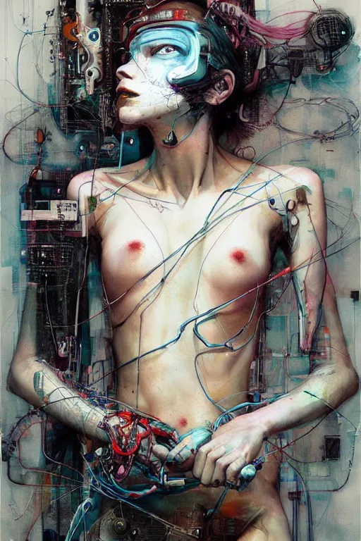 Image similar to young woman cyberpunk dream thief, wires cybernetic implants, in the style of adrian ghenie, esao andrews, jenny saville,, surrealism, dark art by james jean, takato yamamoto. intricate, very detailed, high quality