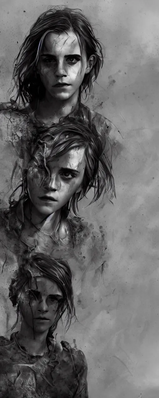 Image similar to dishevelled Emma Watson photorealistic portrait grimy sweating wet face dirty tshirt and torn jeans in broken biomechanical fractal armour abandoned sci-fi gas station, dark and dim atmospheric smog trending on artstation 8k matte painting, dramatic lighting, dramatic shadows professional photograph by Cecil Beaton