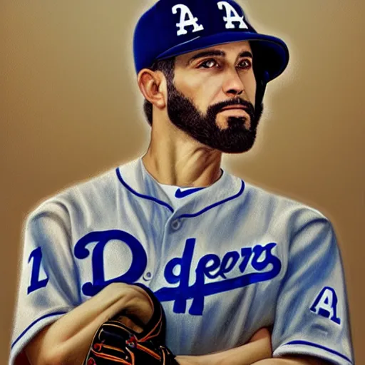 Image similar to portrait painting of los angeles dodger baseball player, unshaven, ultra realistic, concept art, intricate details, serious, highly detailed, photorealistic, octane render, 8 k, unreal engine. art by artgerm and greg rutkowski and alphonse mucha