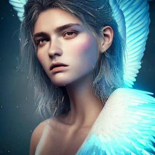 Image similar to portrait art of female angel, art by alessio albi 8 k ultra realistic, angel wings, lens flare, atmosphere, glow, detailed, intricate, full of colour, led lighting, trending on artstation, 4 k, hyperrealistic, focused, extreme details, unreal engine 5, masterpiece