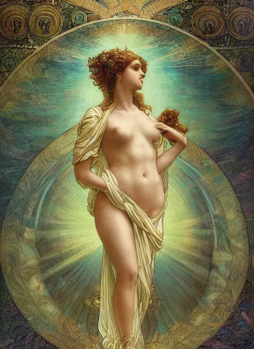 Image similar to aphrodite in paradiso. sacred geometry. clouds. sun rays. bliss. enlightenment. ascension. gustave dore. dappled light. cinematic lighting. in the art style of mucha