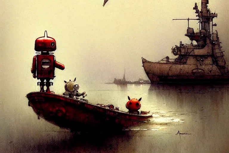 Image similar to adventurer ( ( ( ( ( 1 9 5 0 s retro future robot android mouse house boat tug boat calm stream. muted colors. ) ) ) ) ) by jean baptiste monge!!!!!!!!!!!!!!!!!!!!!!!!! chrome red