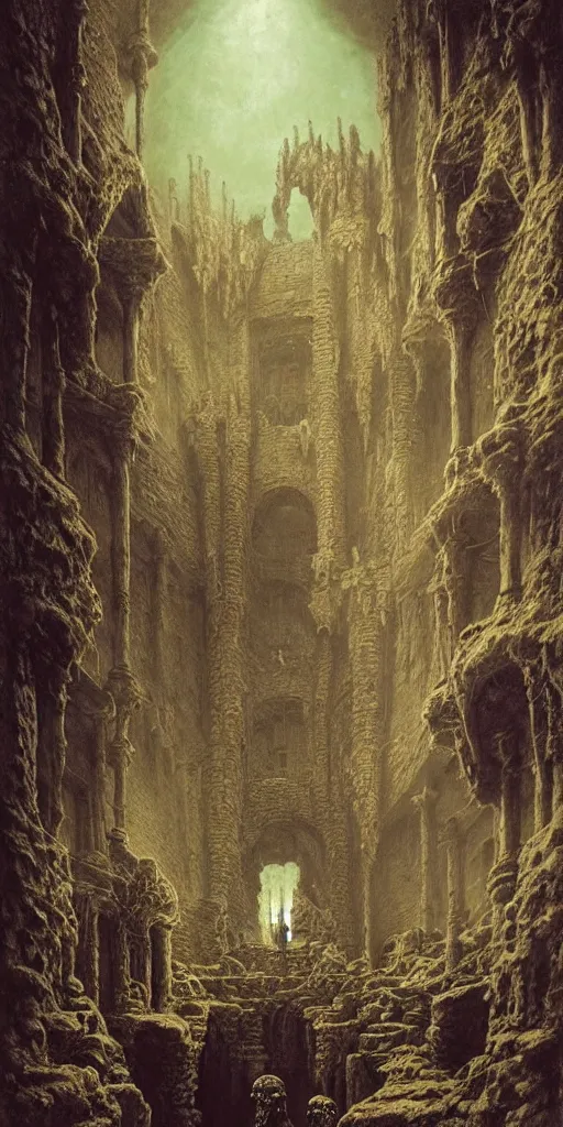 Prompt: three medieval explorers wandering an enormous castle filled with skulls, ruined medieval architecture, volumetric lighting, by zdzislaw beksinski, by gustave dore, by peter mohrbacher, lovecraftian, amazing details, vivid colors, detailed, epic, waterfall, rule of thirds