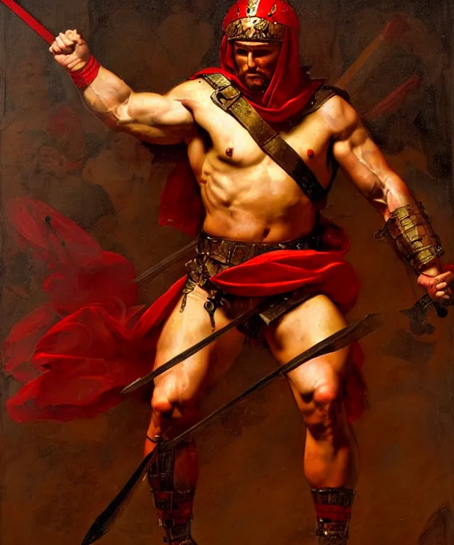 Image similar to renaissance painting of muscular roman soldier with sword by simon bisley and greg rutkowski, full body armor! dynamic battle pose, vivid red and gold color scheme, cinematic atmospheric lighting